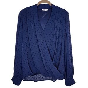 Beacon Apparel Faux Wrap Swiss Dot Navy Long Sleeve Top Size S NEW